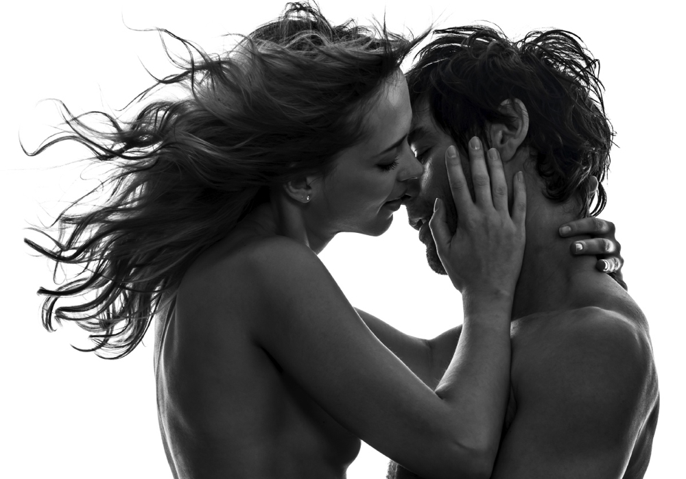 sexy stylish topless couple  lovers caucasian in silhouette on white background