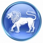 Lion zodiac button icon, isolated on white background.