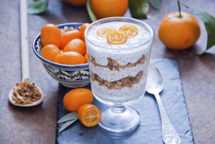 Healthy breakfast - Chia Seed Pudding with kumquats and granola
