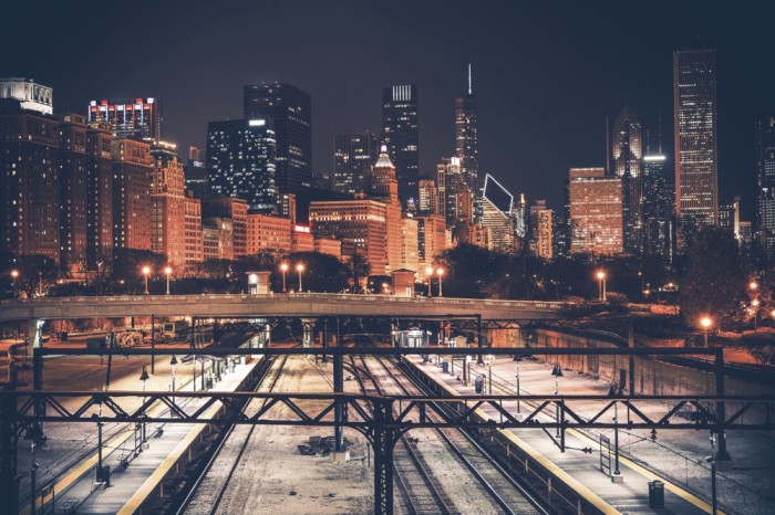 Chicago Skyline and Railroad System at Night. Chicago, Illinois, United States.