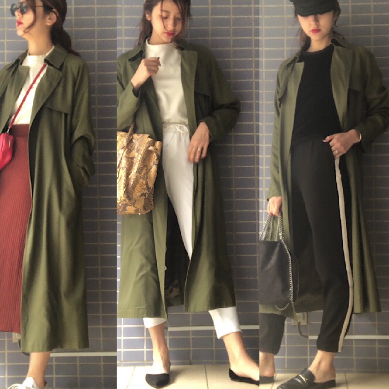 FRAMeWORK ずらか Pコート カーキ 綺麗め大人カジュアルコーデ