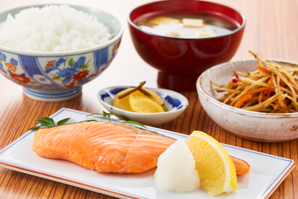 Salmon,Grilled,With,Salt-malted,Rice,,Japanese,Set,Meal