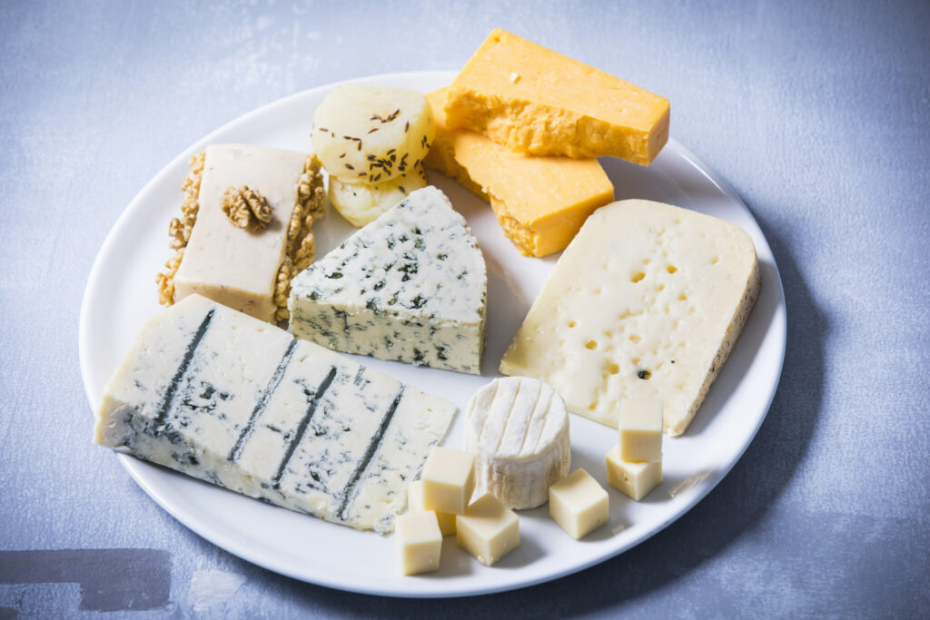 Cheese Platter, different sorts of cheese on plate