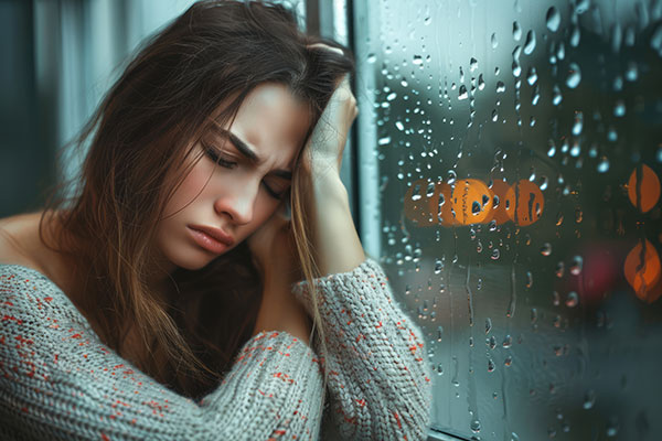 梅雨の頭痛に悩む女性